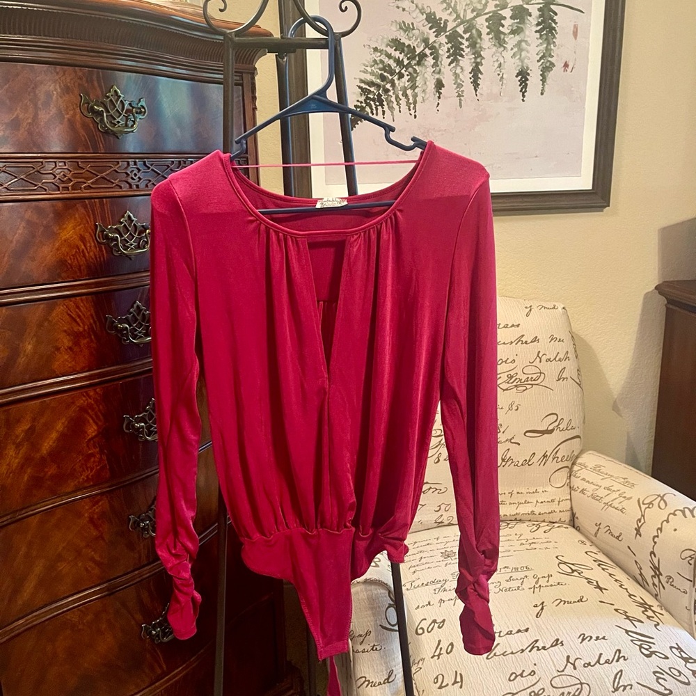 Free People Red Cuffed Sleeve Wrap Bodysuit